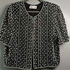 laurence kazar black white seauin glitter crystal silk jacket blazer